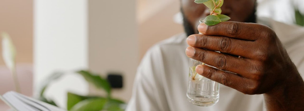 A man holding up a vial with a small plant in it while holding an open book, representing the Christian care and Christian mission course.